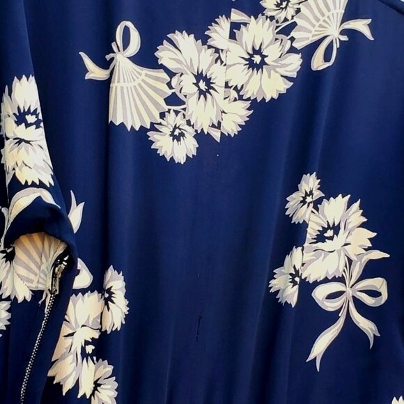 1930s Navy Floral Fan Dress Size 8 Draped Neckline Batwing Sleeve Vintage Rayon - Picture 11 of 13